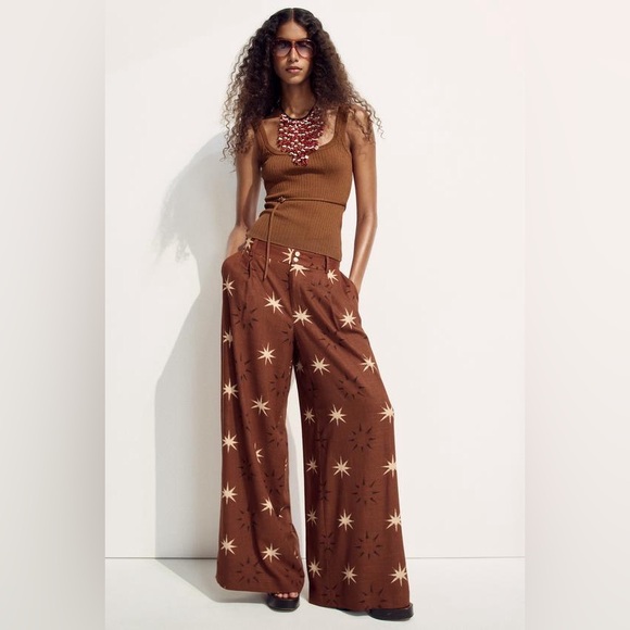 ZARA SUN PRINT BOHO LINEN BROWN WIDE LEG PANTS XS NWT - Picture 2 of 16